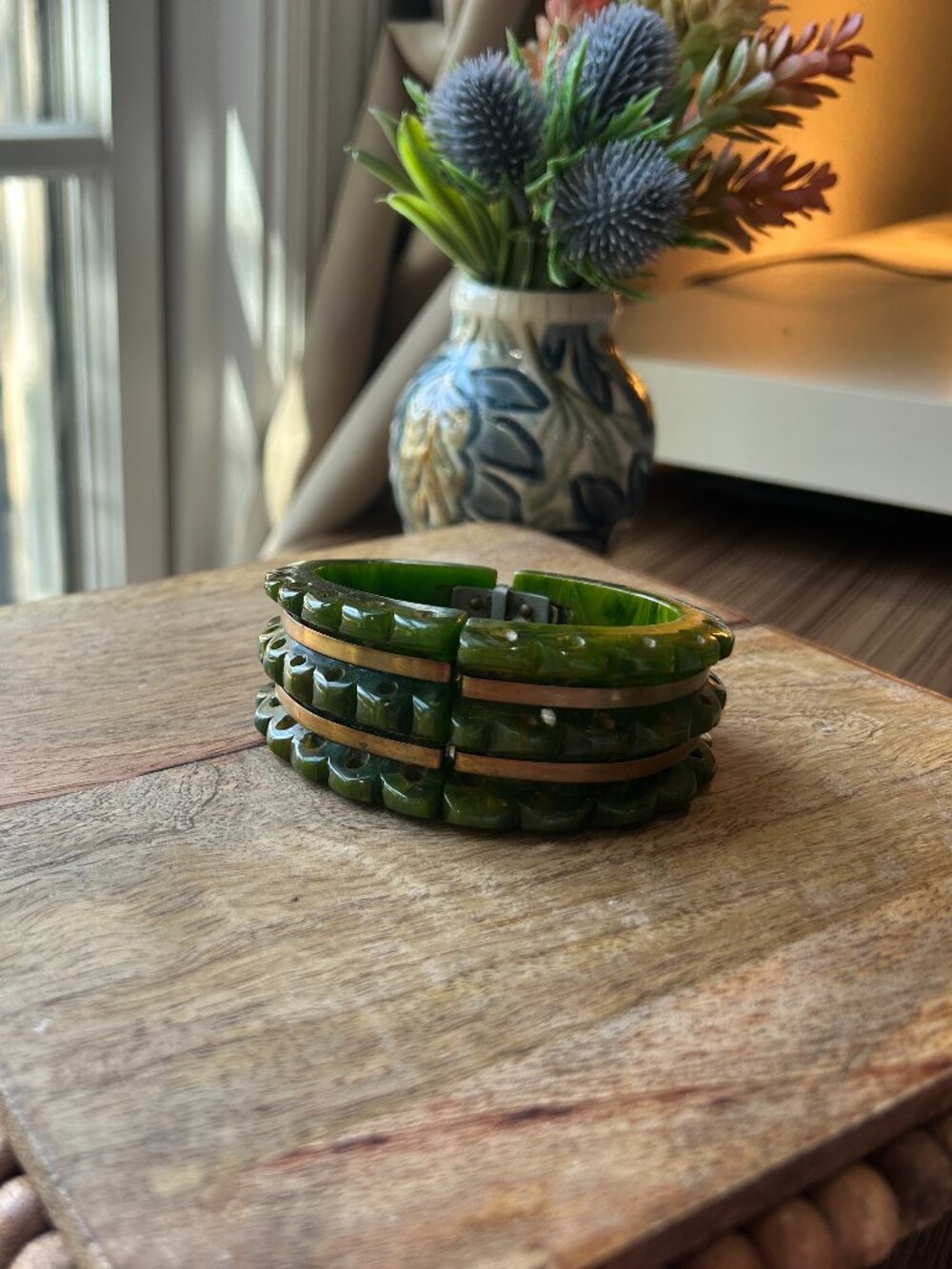 Vintage Olive Bakelite hinge bracelet